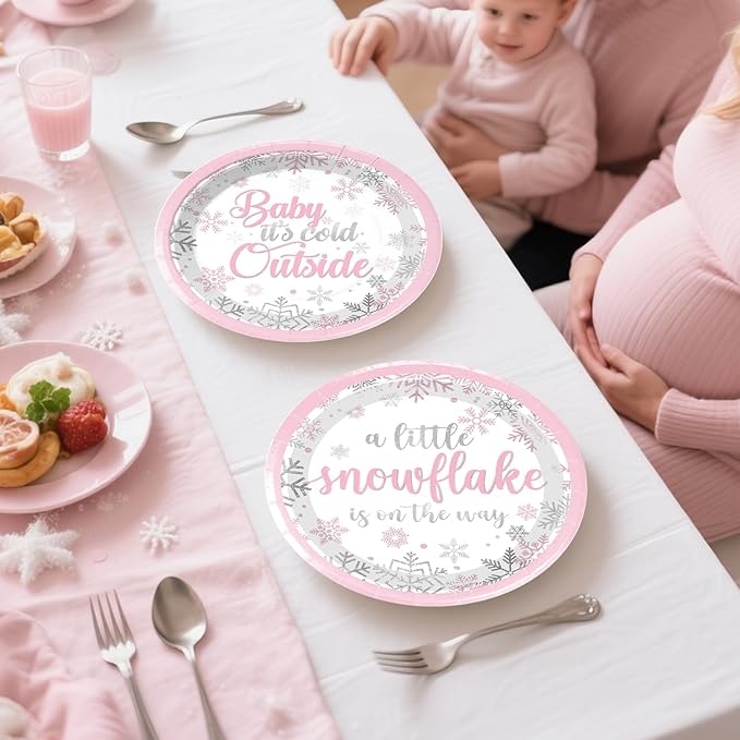227pcs Winter Baby Shower Decorations, All-in-one Winter Supplies Pack Includes 20 Tableware, Pink A Little Snowflake Is on The Way Backdrop Tablecloth, Baby Its Cold Outside Baby Shower Decorations