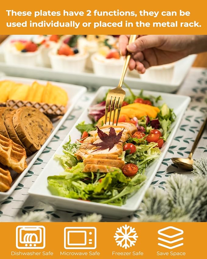 LAUCHUH Large 3 Tier Serving Stand Tiered Serving Trays Collapsible Sturdier Rack with 3 Porcelain Serving Platters for Fruit Dessert Presentation Thanksgiving Christmas Party Display Set, 14 Inch