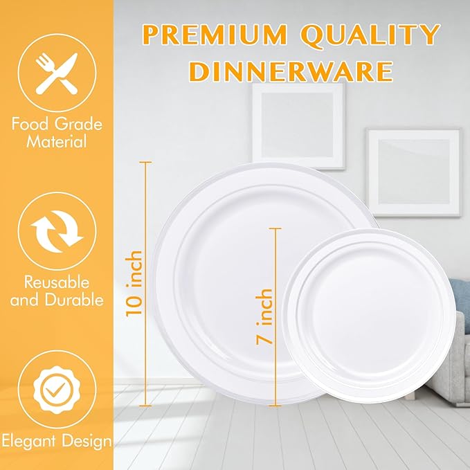 JollyPack 100 Piece Disposable Silver Plastic Party Plates, Including 50 10 Inch Dinner Plates and 50 7 Inch for Dessert, Great for Parties, Weddings, Home Use, and Christmas