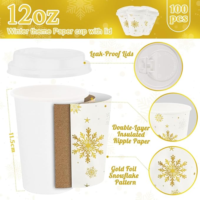 100 Pcs Christmas Coffee Cups with Lids 12oz Gold Foil Snowflake Paper Cups Insulated Cups for Xmas Hot Cocoa Beverage Winter Party Supplies Hot Chocolate Coffee Water Tea Xmas Holiday Supplie
