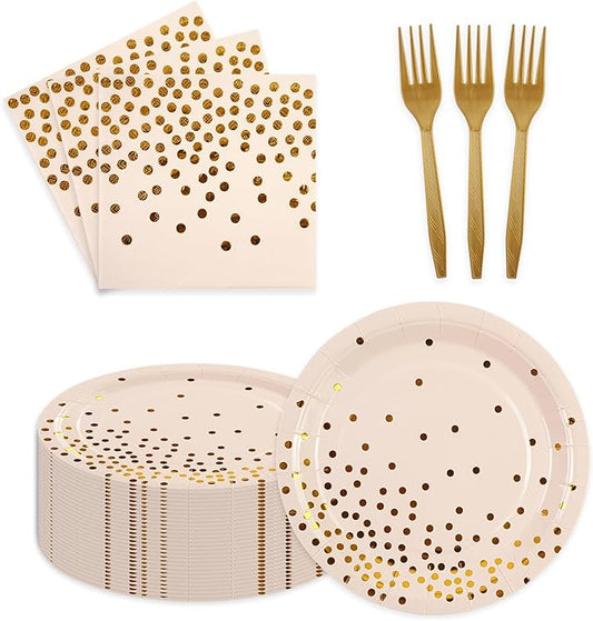 90PCS Pink and Gold Paper Plates Napkins Set, Disposable Gold Dot Party Plates with Napkins Forks Dessert Dinnerware Party Supplies for Wedding, Graduation, Festivals