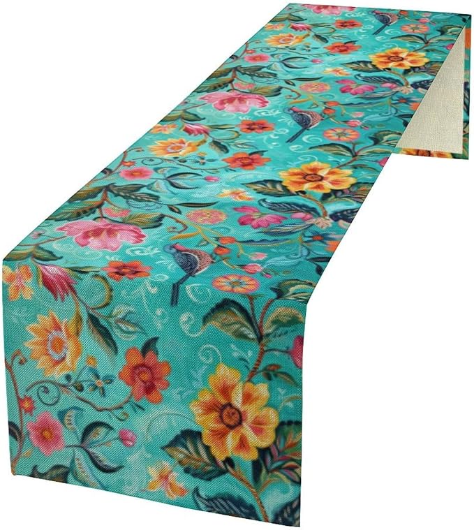 Flowers Birds Spring Table Runner, Colorful Birds Branches Blue Floral Seasonal Kitchen Dining Table Decoration for Home Party Decor 13x108 Inch