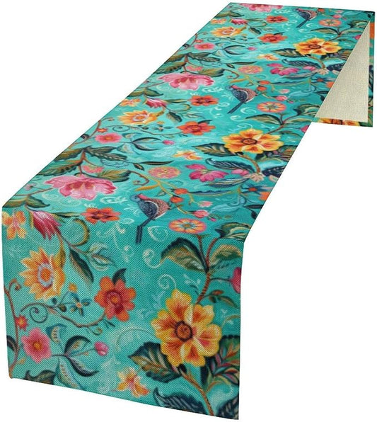 Flowers Birds Spring Table Runner, Colorful Birds Branches Blue Floral Seasonal Kitchen Dining Table Decoration for Home Party Decor 13x36 Inch