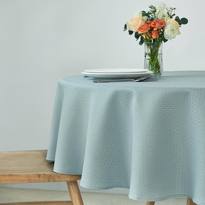 maxmill Round Weaved Texture Design Tablecloth Spill-Proof Wrinkle Free Soft Washable Table Cloth for Circular Table Cover, for Dining Room Banquet Parties Holiday Dinner, 90 Inch Dusty Blue