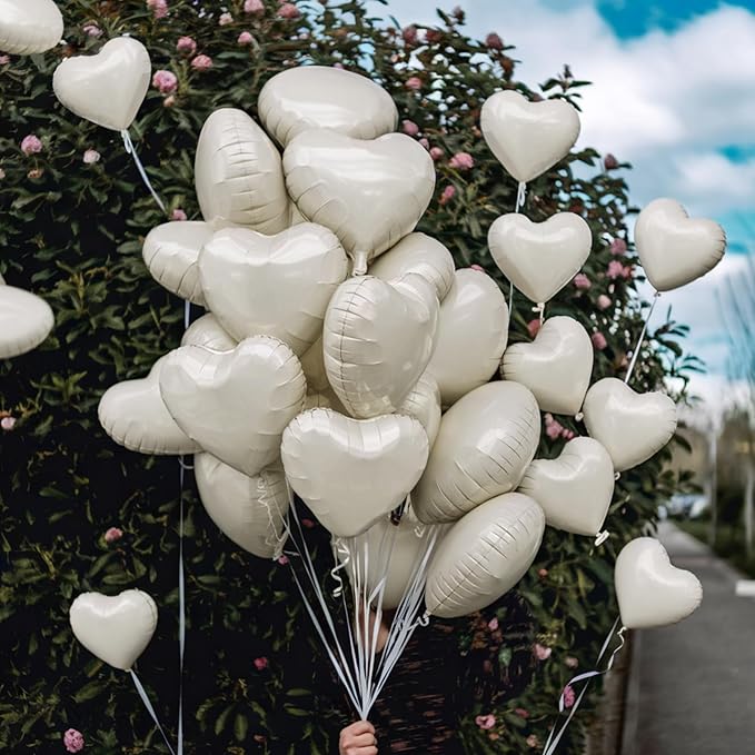 Cream Heart Balloons, 19PCS Cream White Heart Shape Balloons, 18Inch with 10Inch Nude Neutral Helium Foil Balloon Love Balloon for Birthday White Wedding Valentines Anniversary Decorations