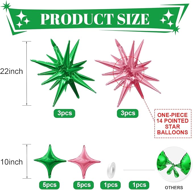 Pink Green Star Balloons,6Pcs 22Inch Explosion Star Balloons and 10Pcs 10Inch Four Angle Balloon Kit for Witch Birthday Anniversary Disco Party Decorations
