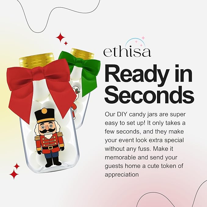 12 Pack Christmas Candy Jars with Ribbons and Stickers – Santa and Friends Party Favor Bottles for Kids – DIY Holiday Party Decorations, Classroom Gifts, and Stocking Stuffers