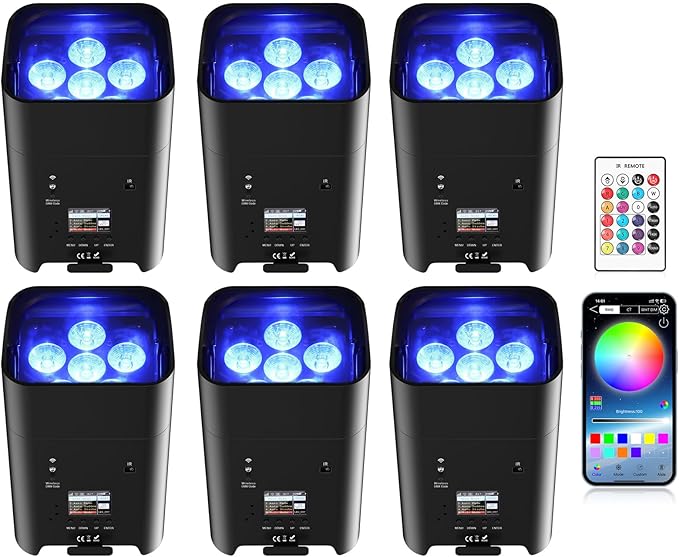 6Pcs Battery Powered Uplights Rechargeable Par Can 6x18W RGBWA+UV LED Uplight 9600 mAh APP/Remote/DMX512 Control Stage Lights Uplighting Indoor for Wedding DJ Church Christmas Dance