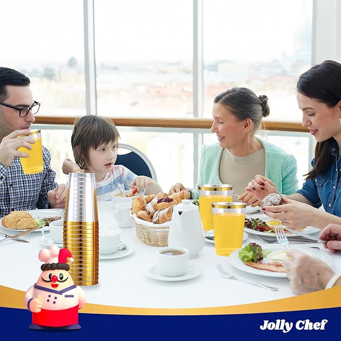 JOLLY CHEF 200 Pack 12 oz Gold Plastic Cups Elegant Gold Rimmed Disposable Cups Heavy-Duty Party Cups for Wedding, Thanksgiving, Christmas Parties