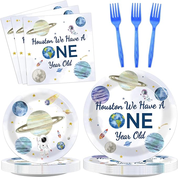 96 Pieces Outer Space 1st Party Plates We Have a One Year Old Theme Party Decorations Space Paper Plates and Napkins First Trip Around The Sun Disposable Dessert Tableware Set Supplies 24 Guests