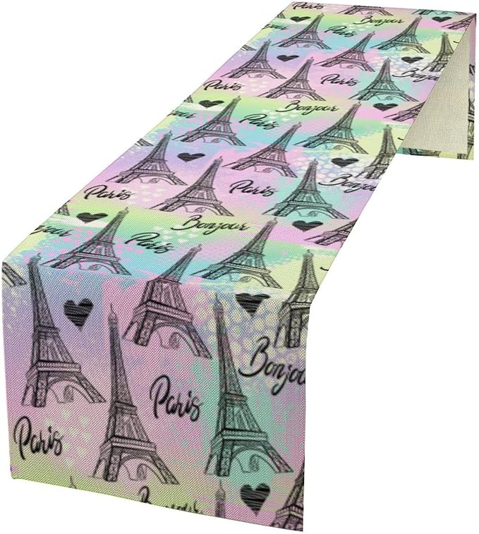 Paris Eiffel Tower Table Runner, Modern Eiffel Tower Dinner Runner for Farmhouse Kitchen Dining Table Holiday Party Decoration 13 x 120 Inch