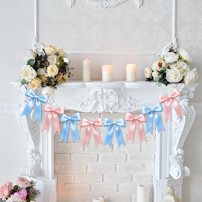 1 String of 8PCS Baby Pink&Baby Blue Bow Garland Banner Decoration,Pre-Strung Satin Ribbon Ornaments for Gender Reveal Party,Baby Shower,Birthday,Bridal Shower,Graduation Decor,Anniversary,Wedding