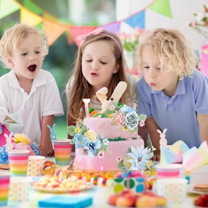 Cake Toppers Flowers,3 Pieces Hand-made Silk Flowers Cake Decorations for Birthday Baby Shower Wedding Valentine's Day Celebration Boho Party Supplies (Blue Pink)