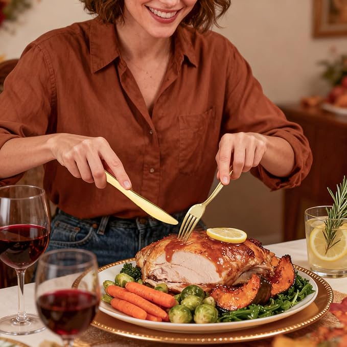 WDF300 Pieces Gold Plastic Silverware - Heavy Duty Disposable Cutlery Set Plastic Gold Silverware Set Includes 100 Forks, 100 Spoons, 100 Knives for Party/Christmas