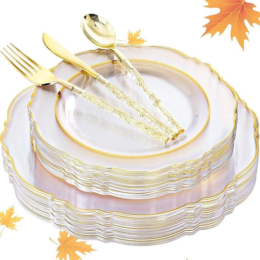 Liacere 150PCS Clear Gold Plastic Plates - Disposable Plastic Silverware with Glitter Bamboo Handle Cutlery-Baroque Clear Gold Disposable Plates for Wedding & Party & Thanksgiving &Fall Decor
