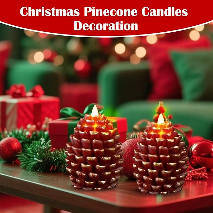 Christmas Pinecone Candles Flameless,Battery Operated Candles with Flickering Wick,Indoors Fake Candle,Christmas Candle Pine Cones Holiday Decor,Winter Thanksgiving Decorations,Set of 2