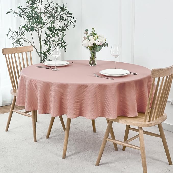 maxmill Round Weaved Texture Design Tablecloth Spill-Proof Wrinkle Free Soft Washable Table Cloth for Circular Table Cover, for Dining Room Banquet Parties Holiday Dinner, 90 Inch Pale Blush