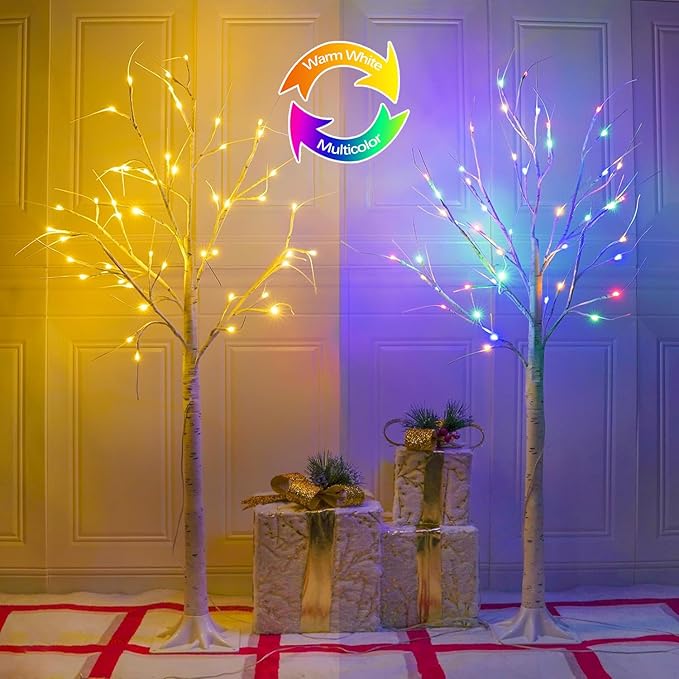 2-Pack 4FT Lighted Birch Tree, Birch Christmas Tree for Indoor & Outdoor, Upgraded 96 LED Birch Tree Lights for Outdoor Christmas Decorations Indoor Home Thanksgiving (Warm White & Multicolor)
