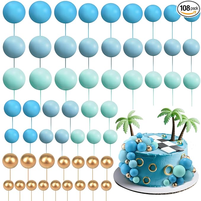 Tondiamo 108 Pcs Balls Cake Topper DIY Cupcake Insert Foam Balloons for Cake Baking Wedding Anniversary Birthday Decoration (Blue Gold,Multi Sizes)