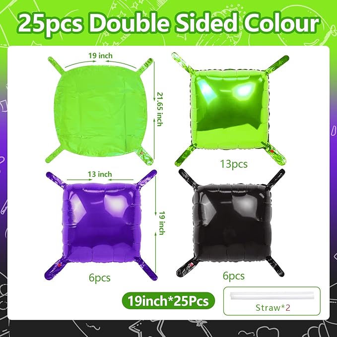 NISOCY 25PCS Green Purple Black Square Foil Balloons Wall Backdrop Metallic Double Sided Light Green Purple Black Balloons Tunnel Arch Kit for Halloween Birthday Graduation New Year Party Decorations
