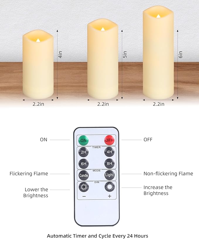 Enido 24 Pc Flameless LED Candles with Remote & Timer, Outdoor Waterproof, Flickering Electric Warm Lights for Cozy Home & Holiday Romantic Decor, Battery Operated (D 2.2” x H 4”/5”/6”