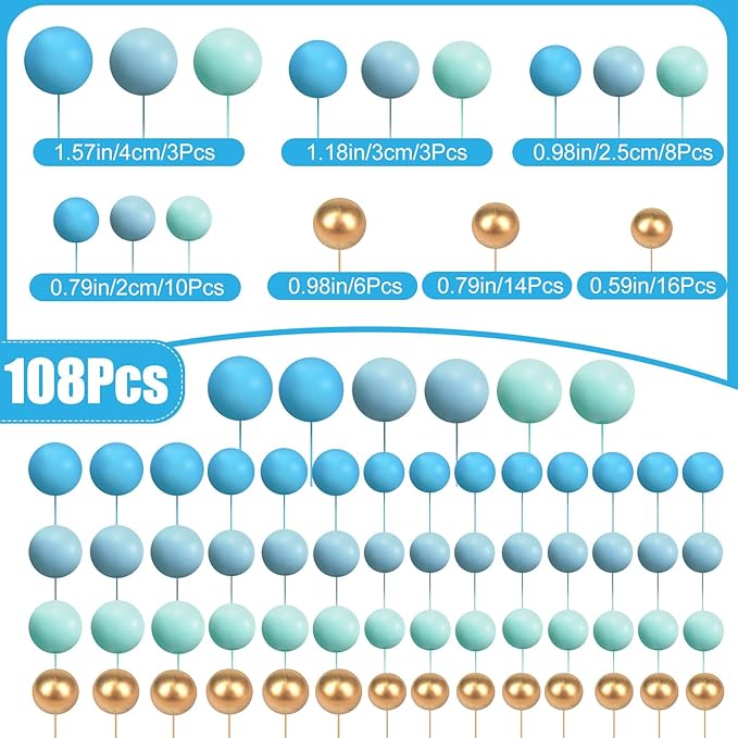 Tondiamo 108 Pcs Balls Cake Topper DIY Cupcake Insert Foam Balloons for Cake Baking Wedding Anniversary Birthday Decoration (Blue Gold,Multi Sizes)