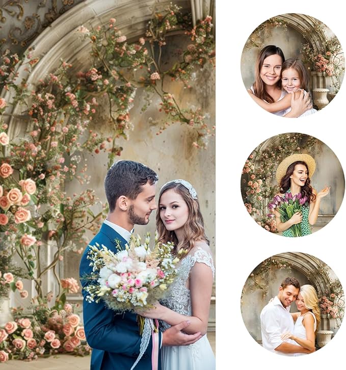 12x6ft Vintage Pink Roses Backdrops for Photoshoot Medieval Building Wall Spring Flower Photography Background for Wedding Bridal Shower Birthday Mothers Day Womens Day Girl Women Portrait