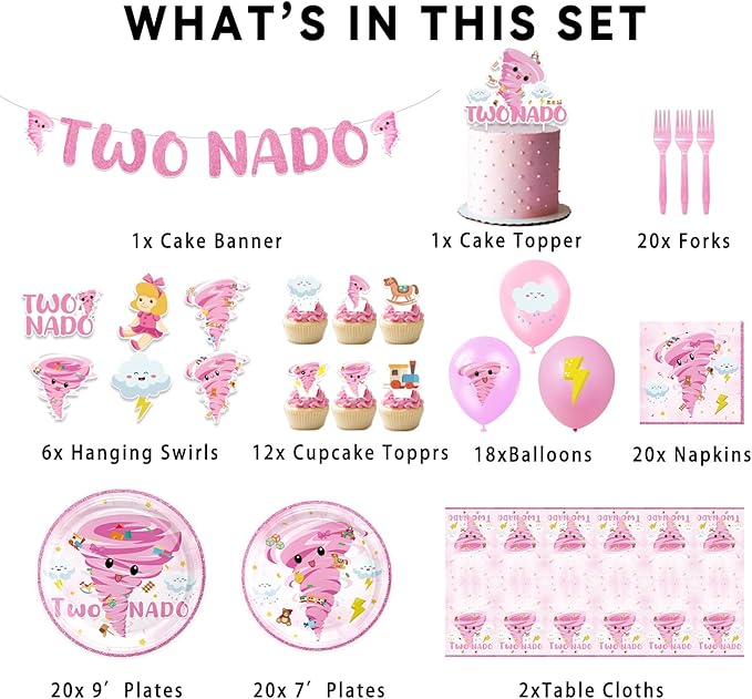 132PCS Pink Tornado Party Supplies Birthday Decorations for Girls Tornado 2nd Disposable Plates Napkins Set, Banner, Hanging Swirls, Tablecloth, Cake Topper, Balloon,Tornado 2nd 2 Year Old Baby Shower