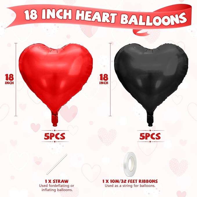 Red Black Heart Balloons, 10 Pcs Metallic Heart Shaped Balloon, 18 Inch Red and Black Foil Balloons Helium for Engagement Brithday Bridal Baby Shower Wedding Engagement Valentines Party Decorations
