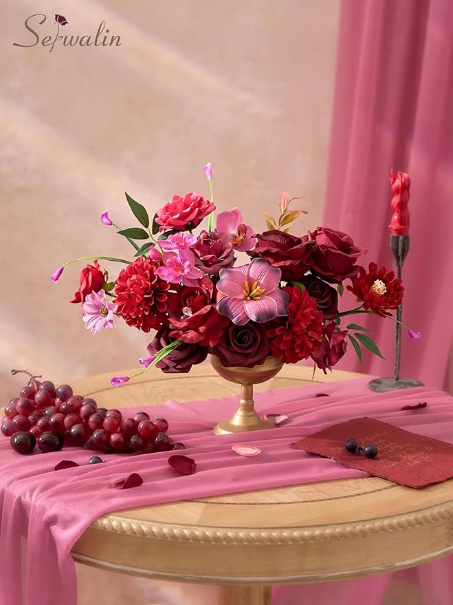 Serwalin Artificial Burgundy & Fuchsia Flowers, Silk Fake Flowers Stems for Wedding Bouquets DIY, Baby Shower Centerpieces, Cake Decor, Birthday Party & Home Decor