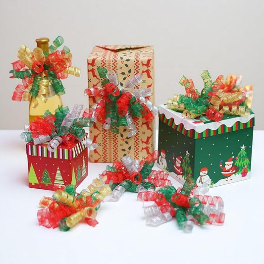 12PCS Gold Curly Ribbon Bows Gift Wrapping self-Adhesive Thanksgiving, Christmas, New Year, Birthday, Presents, Treat Bags, Crafts, Wine Bottles Baskets Shower Favors, Wedding Decor (red green silver)