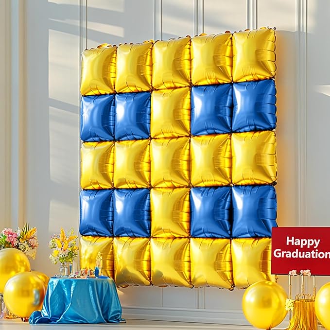 NISOCY 25PCS Blue Gold Square Foil Balloons Wall Backdrop Double Sided Deep Blue Gold Balloons Arch Kit for Birthday Graduation Baby Shower Wedding Anniversary Party Decorations