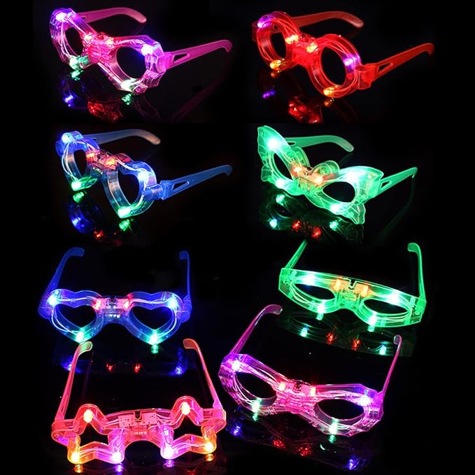 24 Packs LED Glasses for kids Glow in the dark Party Supplies Favor,6 LED 6 Shapes Glasses Flashing Plastic Light up Glass Toys Bulk 3 Replaceable Battery fit Halloween Christmas Thanksgiving