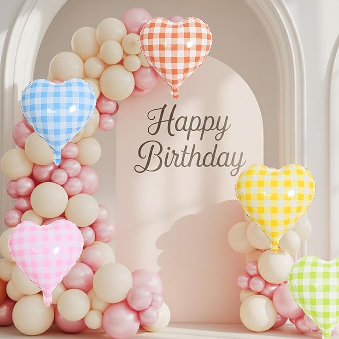 Pastel Grid Heart Balloons, 10 Pcs Rainbow Checkered Heart Shape Balloon, 18 Inch Pink Yellow Blue Red Green Lattice Foil Balloons Helium for Kids Birthday Valentines Baby Shower Party Decorations
