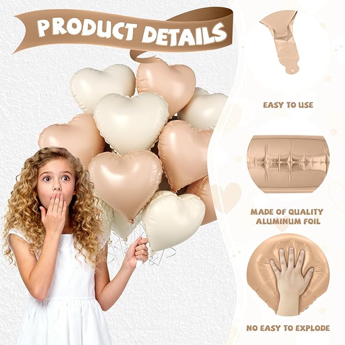 Cream Apricot Heart Balloons, 10 Pcs Beige White Caramel Foil Heart Shaped Balloon, 18 Inch Nude Neutral Balloons Helium for Engagement, Brithday, Baby Shower, Wedding, Valentines Party Decorations