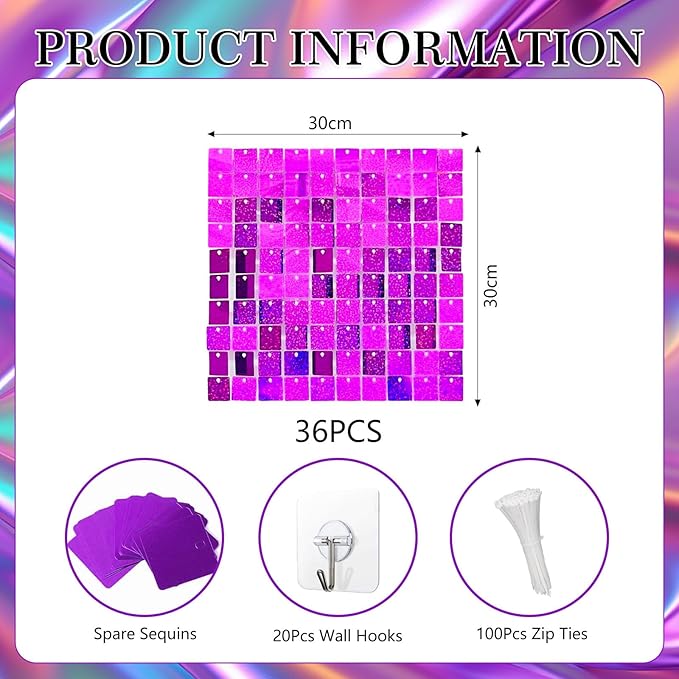 36 PCS Purple Shimmer Wall Backdrop, Laser Square Sequin Photo Backdrops Panel, Glitter Wall Background for Birthdays, Weddings, Halloween, Engagements, Disco Bachelorette Party Decoration (6FTx6FT)