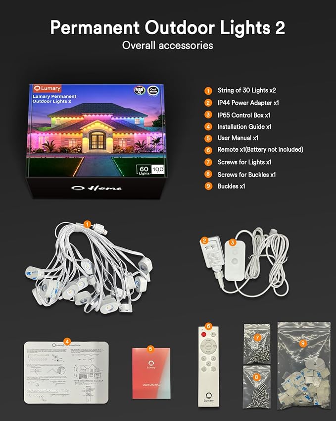 Lumary Permanent Outdoor Lights 2 with Remote, Slide-Base, 100ft with 60 RGBAICW LEDs for House Daily & Accent Lighting, 110+ Scene Modes for Christmas Outdoor Decor, Work with Alexa Google, White