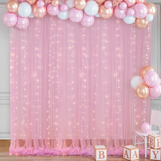 10ft x 8ft Pink Backdrop Curtain with Lights String for Parties, Sheer Tulle Wedding Photo Backdrops Drapes for Baby Shower Birthday Party Decorations Background for Photography