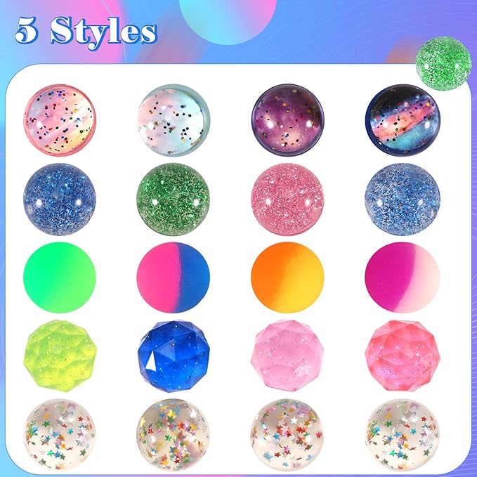 Ayfjovs 20 Pieces 5 Styles Bouncy Balls, 32mm Rubber Balls, Small Bouncy Balls for Kids Party Favors, Prizes, Easter Goodie Bags Stuffers, Birthday Party