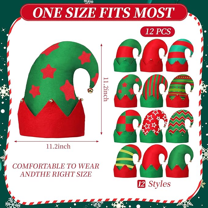 12 Pcs Christmas Elf Hat Colorful Funny Hats with Bell Holiday Party Accessories for Adults Santa Headdress for Party(Classic 3)
