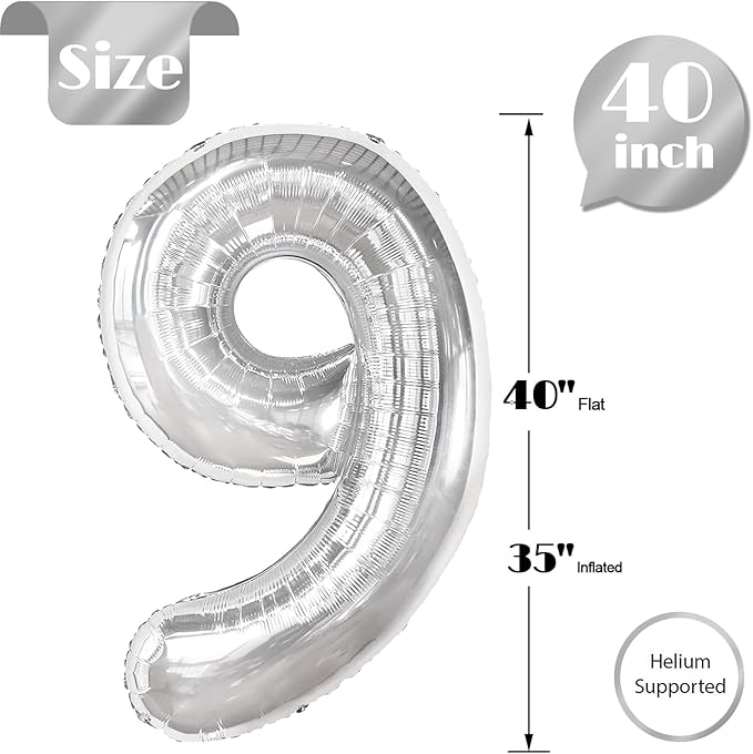Silver Number 9 Balloon 40 Inch, 9th Birthday Party Decorations for Children, Giant 9 Foil Balloon for Party Supplies