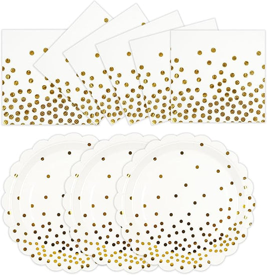 50PCS White and Gold Paper Plates and Napkins Party Supplies, 7 Inch Scalloped Dot Paper Dessert Cake Plates and Napkins Disposable Tableware Set for Birthday Baby Shower Wedding Decorations