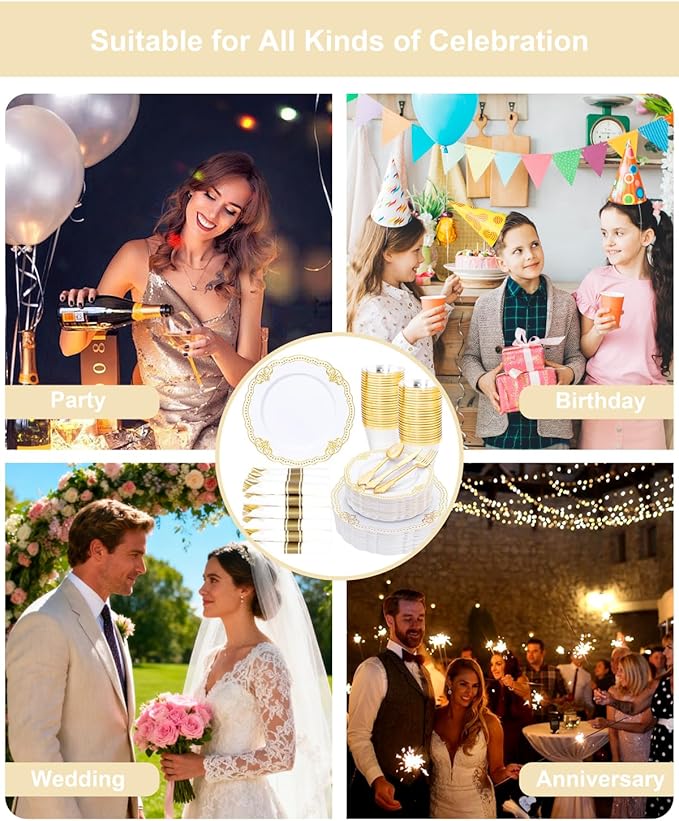 Ciaell 350 PCS Gold Plastic Plates - White and Gold Plates - Gold Disposable Plates Include 50 Disposable Plate, 150 Heavy Duty Silverware, 50 Cups, 50 Napkins for Wedding & Party & Thanksgiving