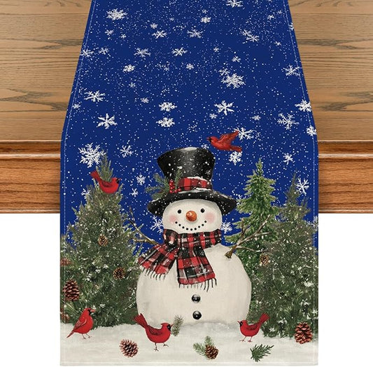 Artoid Mode Snowman Birds Trees Christmas Table Runner, Seasonal Blue Winter Holiday Kitchen Dining Table Decoration for Indoor Outdoor Home Party Decor 13 x 48 Inch