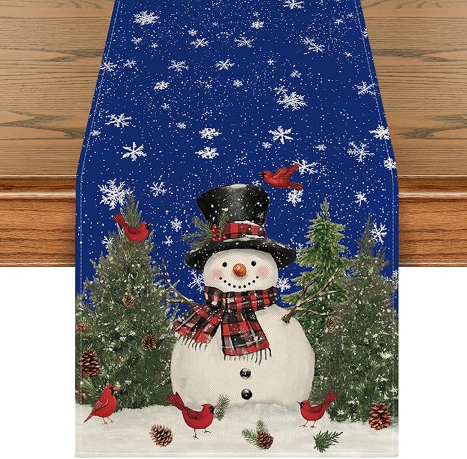 Artoid Mode Snowman Birds Trees Christmas Table Runner, Seasonal Blue Winter Holiday Kitchen Dining Table Decoration for Indoor Outdoor Home Party Decor 13 x 72 Inch