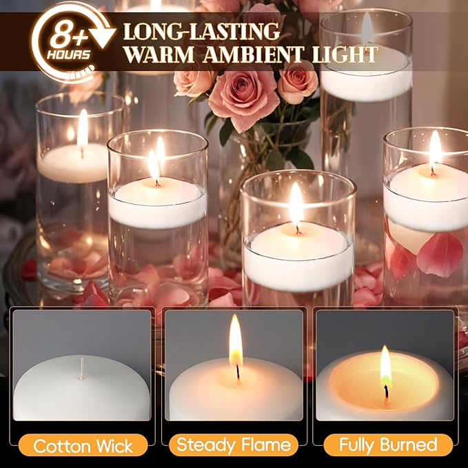 3 inch White Floating Candles, 48 Pack Unscented Floating Candle,8-9 Hours Burning Floating Candles for Centerpieces, Water Candles for Cylinder Vases, Wedding, Party, Pool