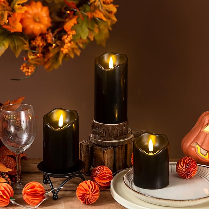 Halloween Flameless Candles with Remote, 3 Pack Battery Operated Wax LED Flickering Candles Halloween Home Party Decor for Fireplace/Shelf/Centerpiece Black