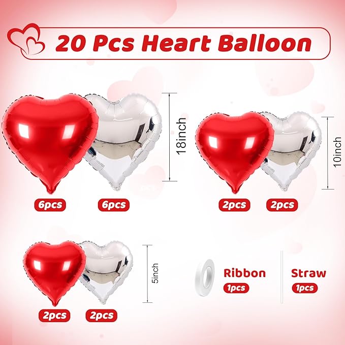 Red Silver Heart Balloons, Heart Shaped Ballons, 20 Pcs 5/10/18 inch Red Silver Foil Love Balloons for Valentine's Day Decorations Wedding Engagement Bridal Showers Anniversary Celebrations