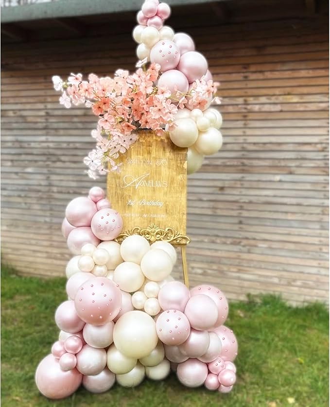 Pearl Pink Balloon Arch Kit Double Stuffed Pearl and Pink Balloons With Pear-l Stickers 5/10/12/18 Inch P-ink Balloon Arch For Wedding Birthday Baby Shower Decorations
