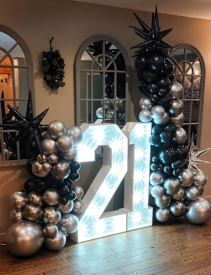 8Pcs Star Balloons, Explosion StarBalloons One-Piece 14 Point Black Foil Balloon 22 Inch 4D Spike Mylar Balloon for Happy New Year Wedding Anniversary Backdrop Birthday Party Decorations
